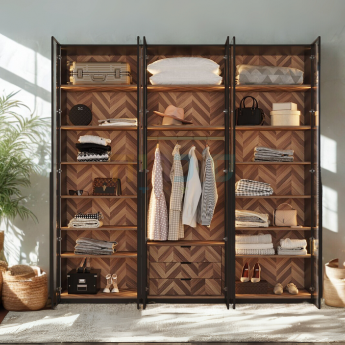 ארון 6 דלתות זכוכית דגם פליקס: עיצוב פרימיום עם תאורת לד ופנים פישבון