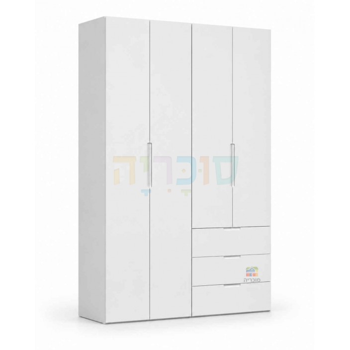 ארון 4 דלתות דגם נוגה רוחב 160 ס"מ, 3 מגירות וצבע אפוקסי לבן יוקרתי