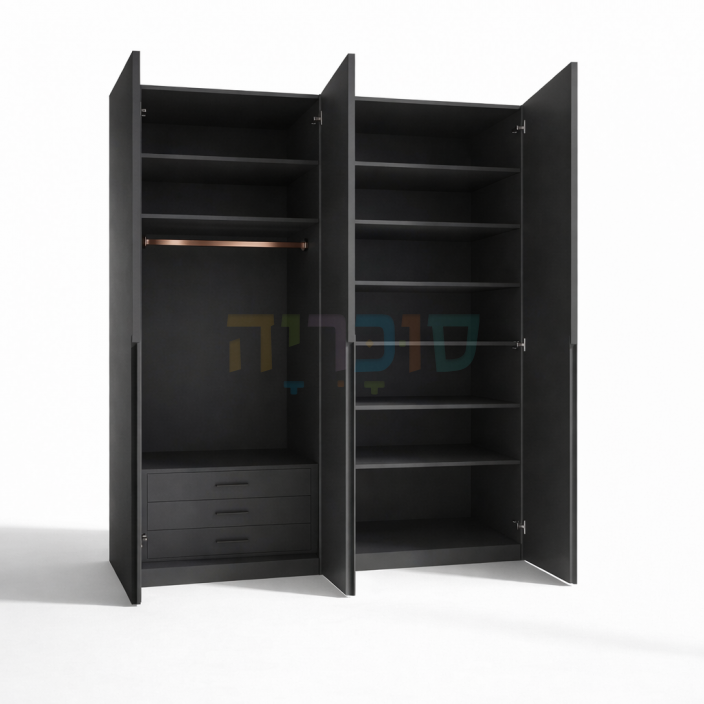 ארון 4 דלתות דגם גולי ברוחב 160 ס"מ: גימור אפור כהה עם ידית חריטה אינטגרלית