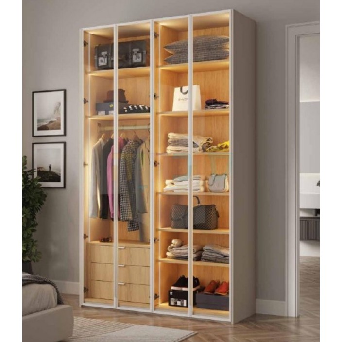 ארון פתיחה דגם מור רוחב 160 ס"מ כולל תאורת לד. עיצוב פרימיום מודרני בשילוב אלומיניום ופנים אלון טבעי