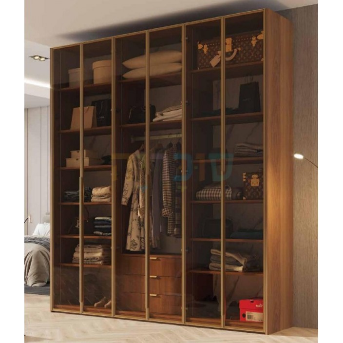 ארון 6 דלתות דגם מרינה בגוון אגוז וזכוכית כהה: עיצוב פרימיום וגב שיש