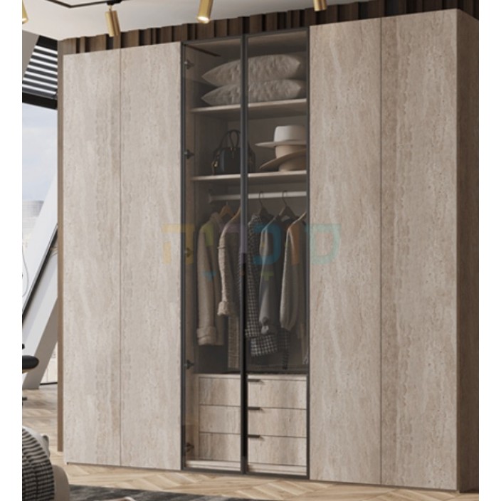 ארון 6 דלתות דגם סלע בגימור טבעי וזכוכית : עיצוב פרימיום מודרני