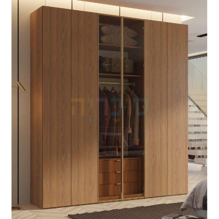ארון 6 דלתות דגם ברק בגוון אגוז וזכוכית כהה: עיצוב פרימיום ופרופיל זהב