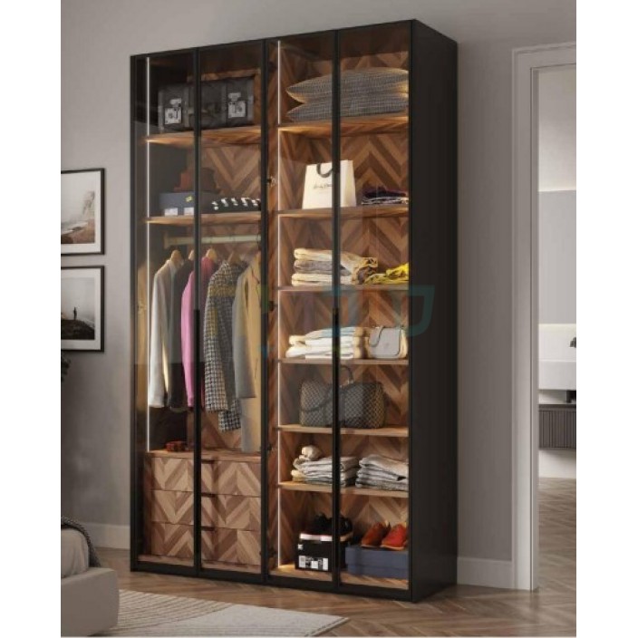 ארון 4 דלתות דגם ברק בגוון אגוז וזכוכית כהה: עיצוב פרימיום ופרופיל זהב