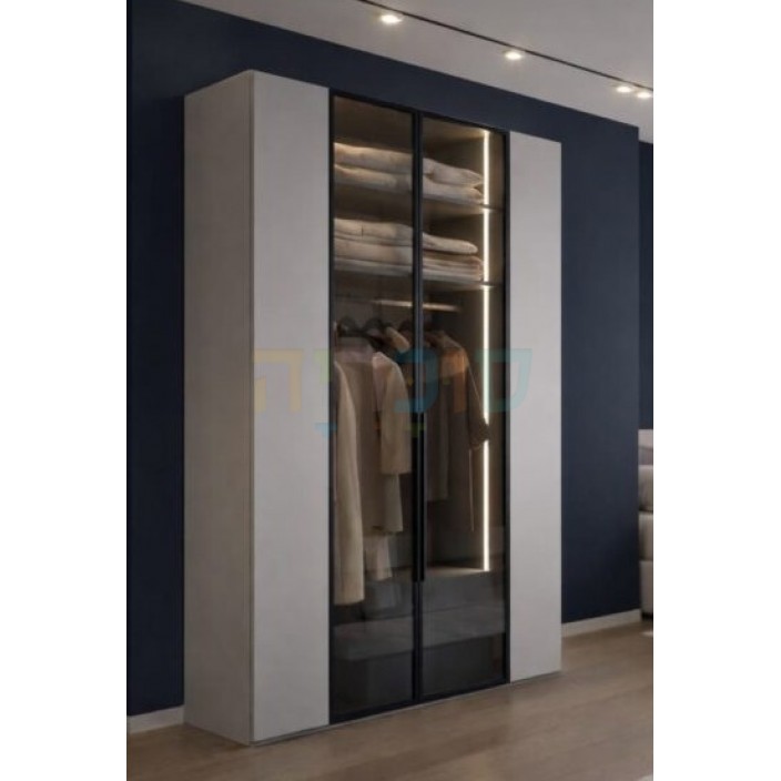 ארון 4 דלתות דגם סטייל ברוחב 160ס"מ גב שיש עיצוב פרימיום מודרני בשילוב אלומיניום שחור ותאורת לד