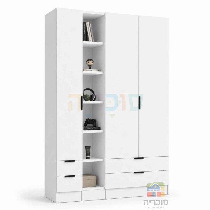 ארון ילדים ונוער דגם 10 רוחב 160 ס"מ – 3 דלתות, 4 מגירות וכוורת פתוחה