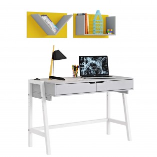 שולחן כתיבה רגלי עץ + מדפים לקיר גוון צהוב