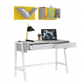 שולחן כתיבה רגלי עץ + מדפים לקיר גוון צהוב