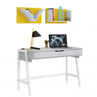 שולחן כתיבה רגלי עץ + מדפים לקיר גוון צהוב A