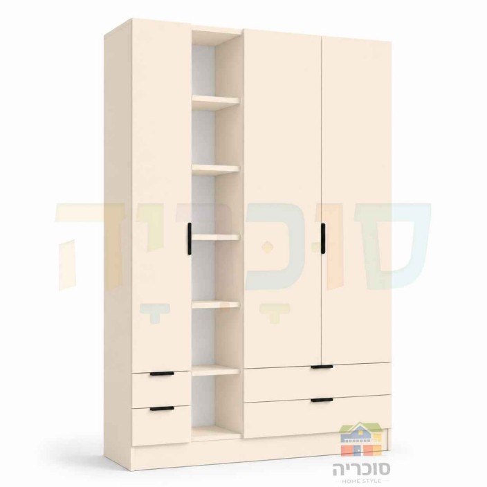 ארון ילדים ונוער דגם 10 רוחב 160 ס"מ – 3 דלתות, 4 מגירות וכוורת פתוחה
