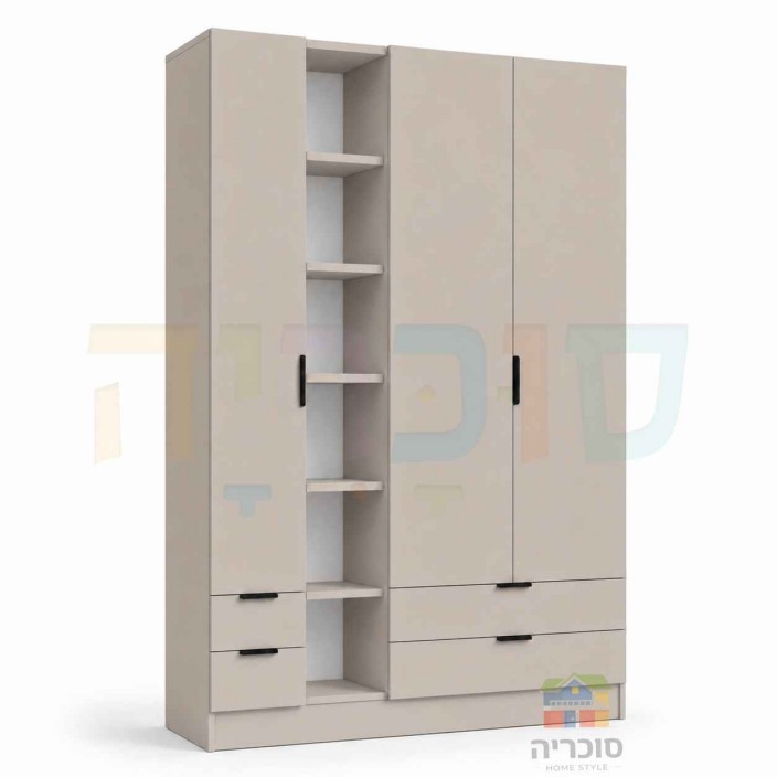 ארון ילדים ונוער דגם 10 רוחב 160 ס"מ – 3 דלתות, 4 מגירות וכוורת פתוחה