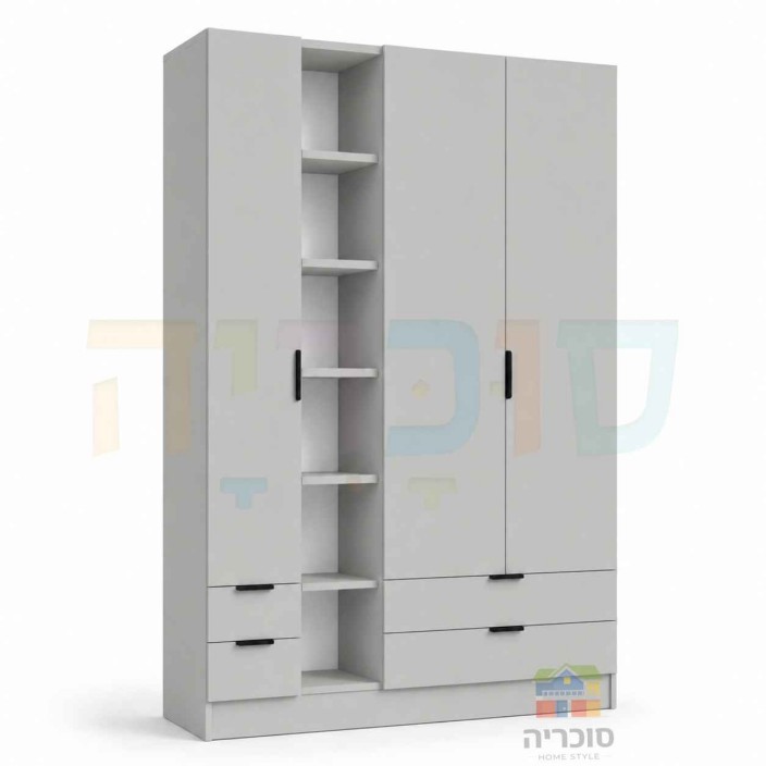 ארון ילדים ונוער דגם 10 רוחב 160 ס"מ – 3 דלתות, 4 מגירות וכוורת פתוחה