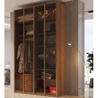 ארון 4 דלתות דגם מרינה ברוחב 160 ס"מ: עיצוב פרימיום בגוון אגוז עמוק בשילוב זכוכית כהה וזהב מט