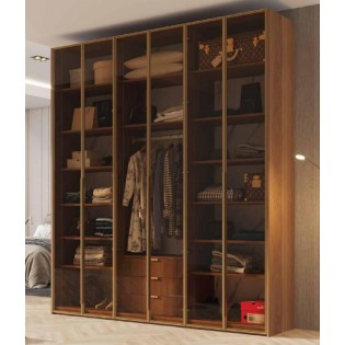ארון 6 דלתות דגם מרינה ברוחב 240 ס"מ: עיצוב פרימיום בגוון אגוז עמוק בשילוב זכוכית כהה וזהב מט