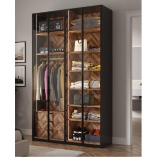 ארון 4 דלתות דגם ברק ברוחב 160 ס"מ: עיצוב פרימיום בגוון אגוז חם בשילוב זכוכית ואלומיניום זהב מט