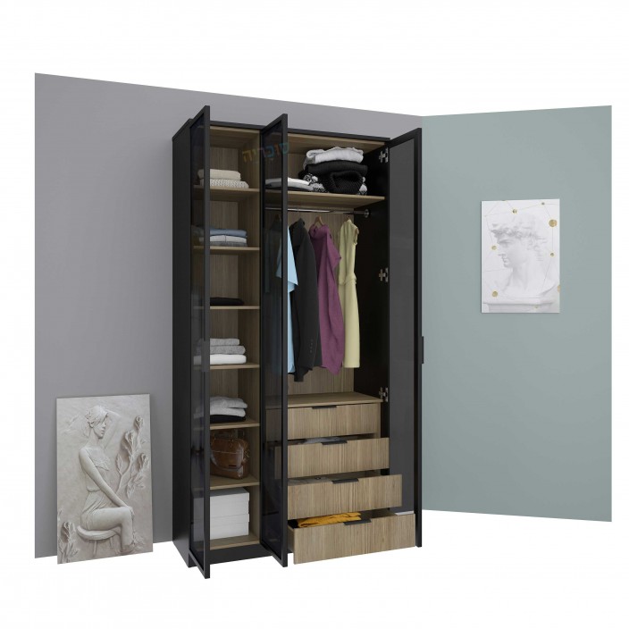 ארון טוקיו 2 תאים - דלתות זכוכית מושחרת 4 מגירות ברוחב 120 ס"מ