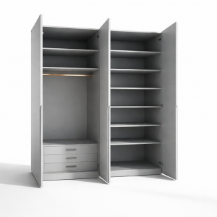 ארון 4 דלתות דגם גולי ברוחב 160 ס"מ: גימור אפור לייט עם ידית חריטה אינטגרלית וייצור כחול לבן