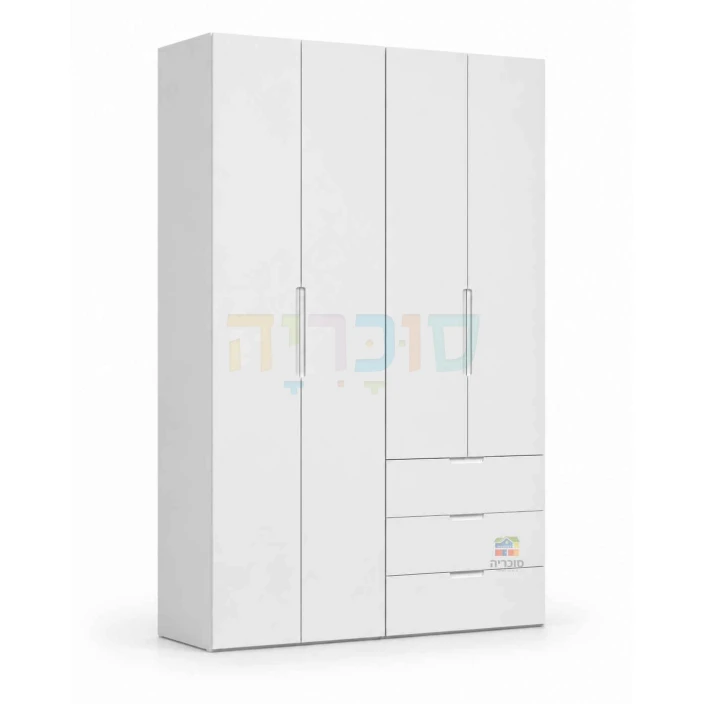 ארון 4 דלתות דגם נוגה רוחב 160 ס"מ, 3 מגירות וצבע אפוקסי לבן יוקרתי