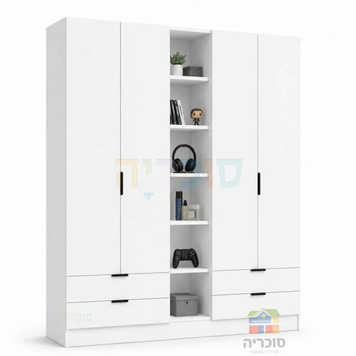 ארון חדר נוער דגם 10 רוחב 2 מטר – 4 דלתות, 4 מגירות וכוורת פתוחה
