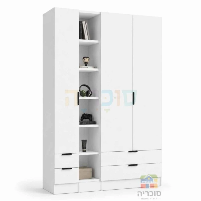 ארון ילדים ונוער דגם 10 רוחב 160 ס"מ – 3 דלתות, 4 מגירות וכוורת פתוחה
