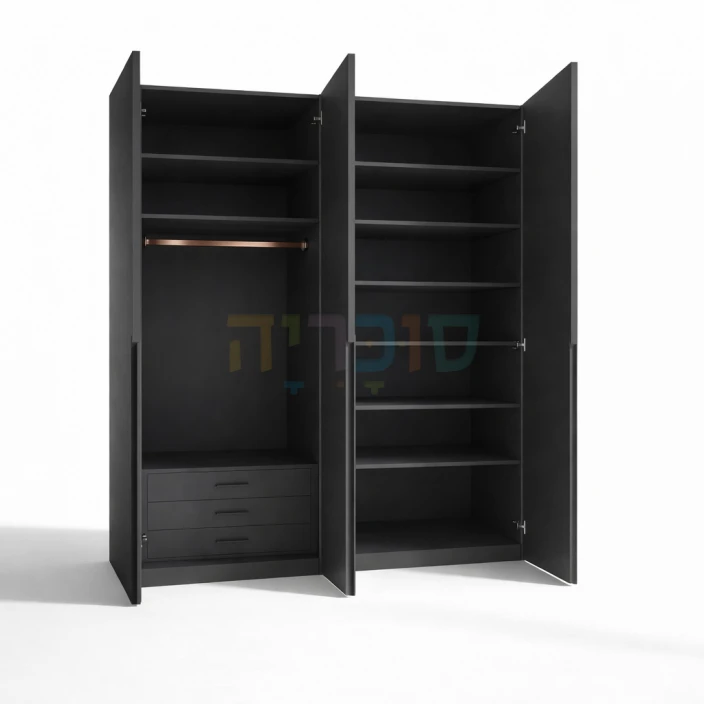 ארון 4 דלתות דגם גולי ברוחב 160 ס"מ: גימור אפור כהה עם ידית חריטה אינטגרלית