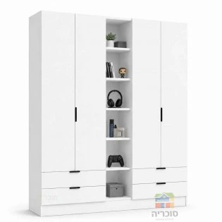 ארון חדר נוער דגם 10 רוחב 2 מטר – 4 דלתות, 4 מגירות וכוורת פתוחה