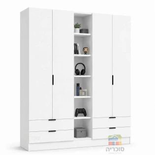 ארון חדר נוער דגם 10 רוחב 2 מטר – 4 דלתות, 4 מגירות וכוורת פתוחה
