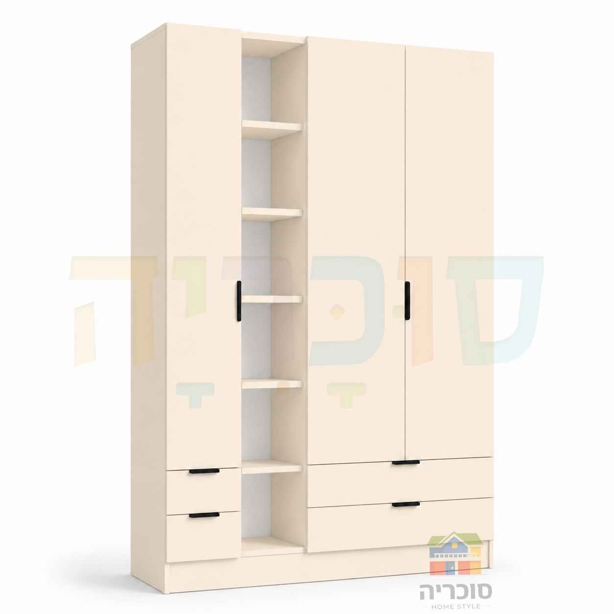 ארון ילדים ונוער דגם 10 רוחב 160 ס"מ – 3 דלתות, 4 מגירות וכוורת פתוחה