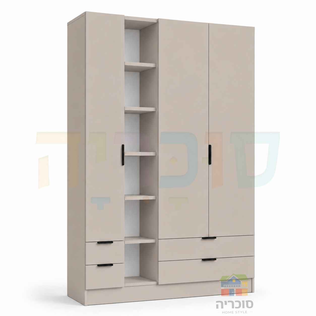 ארון ילדים ונוער דגם 10 רוחב 160 ס"מ – 3 דלתות, 4 מגירות וכוורת פתוחה