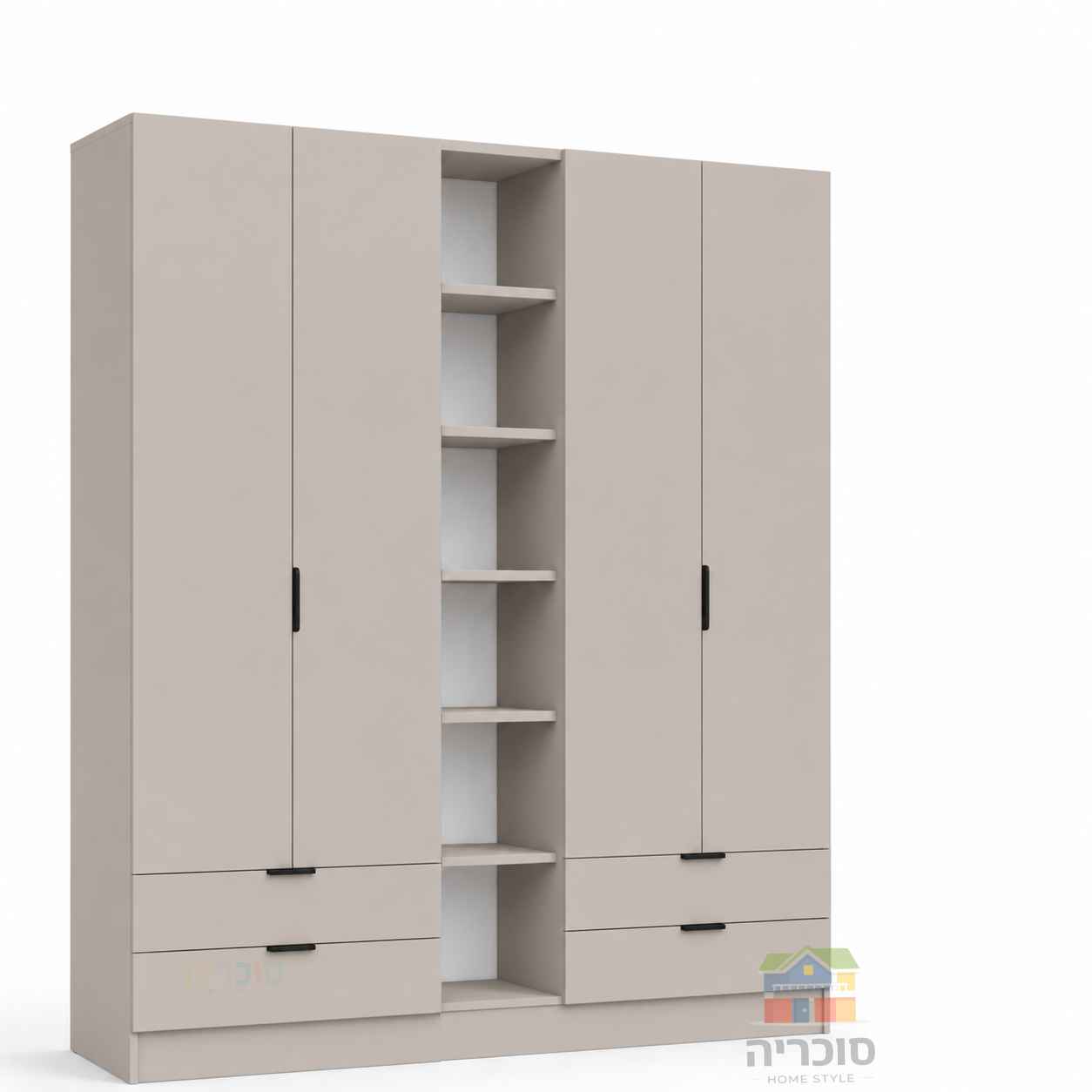 ארון חדר נוער דגם 10 רוחב 2 מטר – 4 דלתות, 4 מגירות וכוורת פתוחה