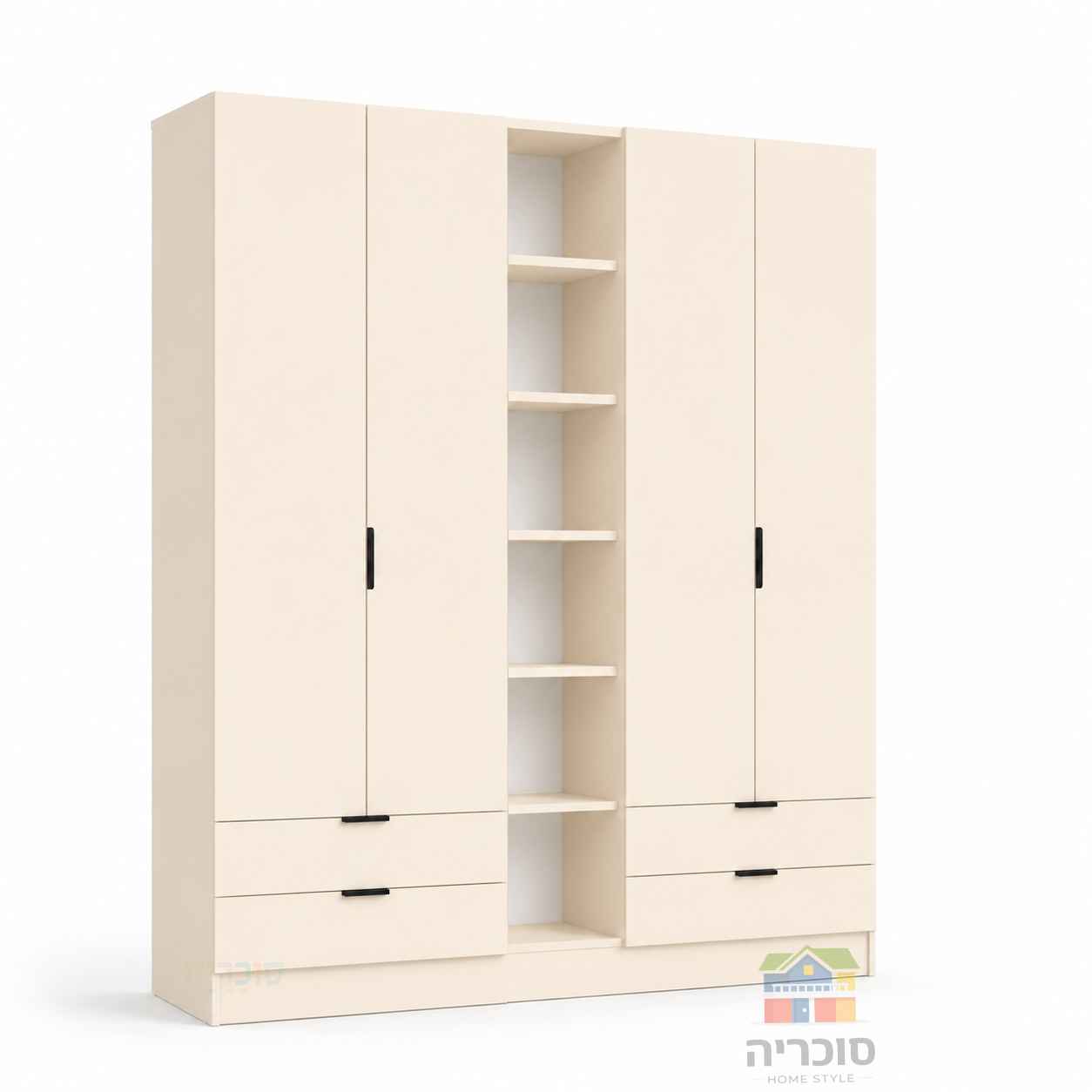 ארון חדר נוער דגם 10 רוחב 2 מטר – 4 דלתות, 4 מגירות וכוורת פתוחה
