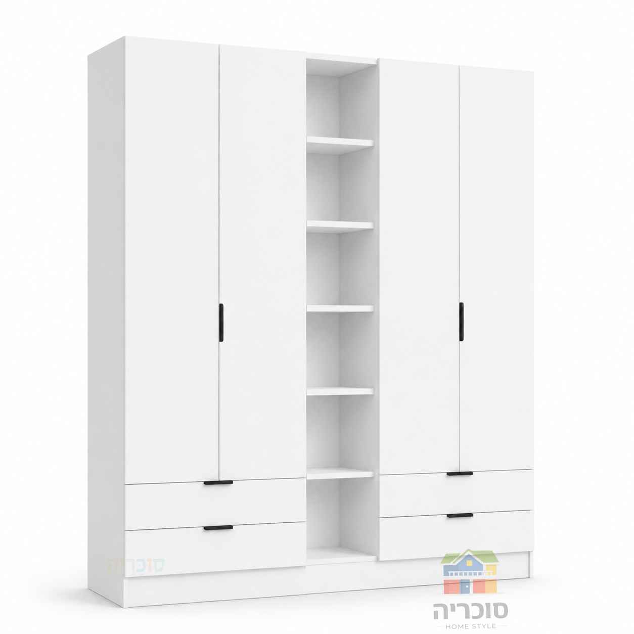 ארון חדר נוער דגם 10 רוחב 2 מטר – 4 דלתות, 4 מגירות וכוורת פתוחה